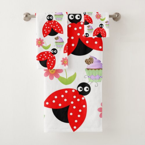 Lady Bug Floral Cupcake Bathroom Towel Sets