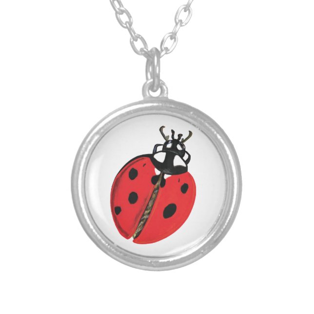 Lady Bug Illustration Silver Plated Necklace (Front)