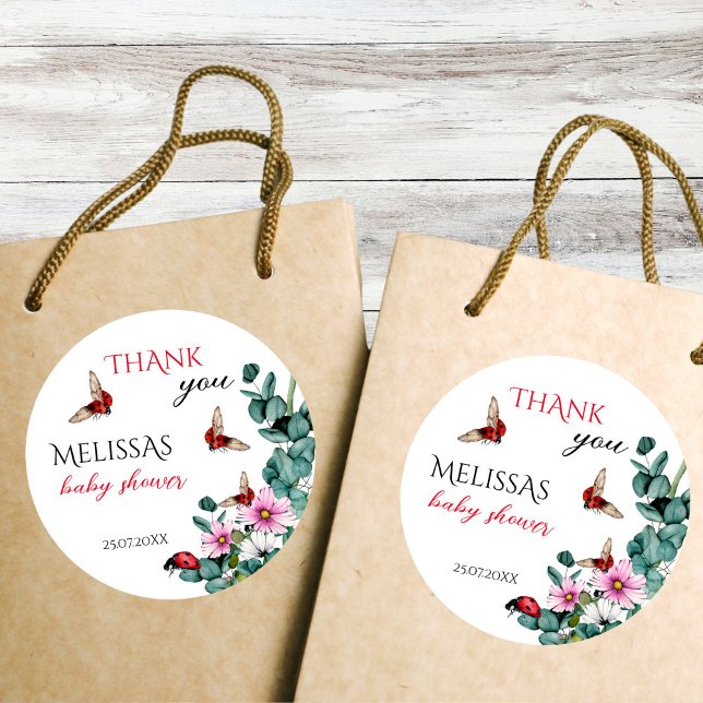 Lady bug little lady baby shower favor classic round sticker (Lady bug little lady spring summer girls baby shower thank you favor sticker)