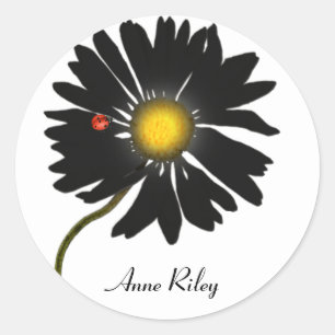 lady bug on black daisy classic round sticker