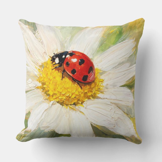 "Lady Bug on Daisy" Throw Pillow (Front)