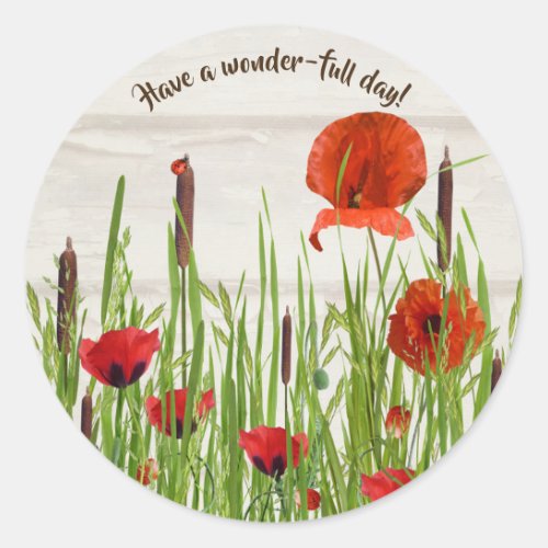 lady bug on red poppies with cattails classic round sticker
