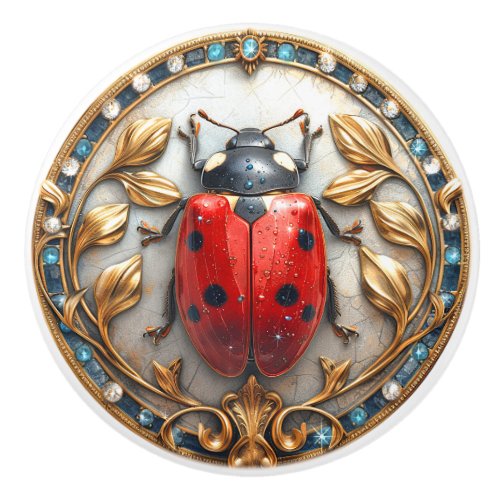 Lady Bug Precious Gems Elegant Gold Leaves  Ceramic Knob