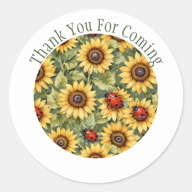 Lady Bug Sunflower Thank You Favor Classic Round Sticker (Front)