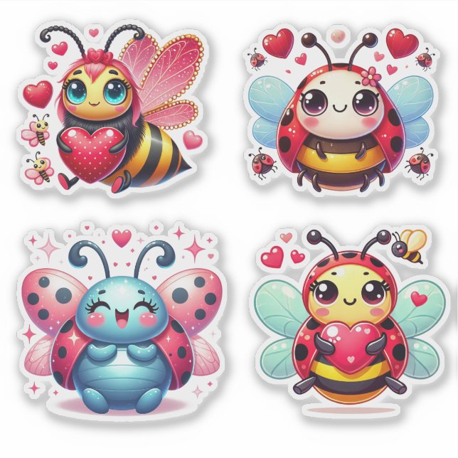 Lady Bugs And Bee Valentine  Sticker (Front)