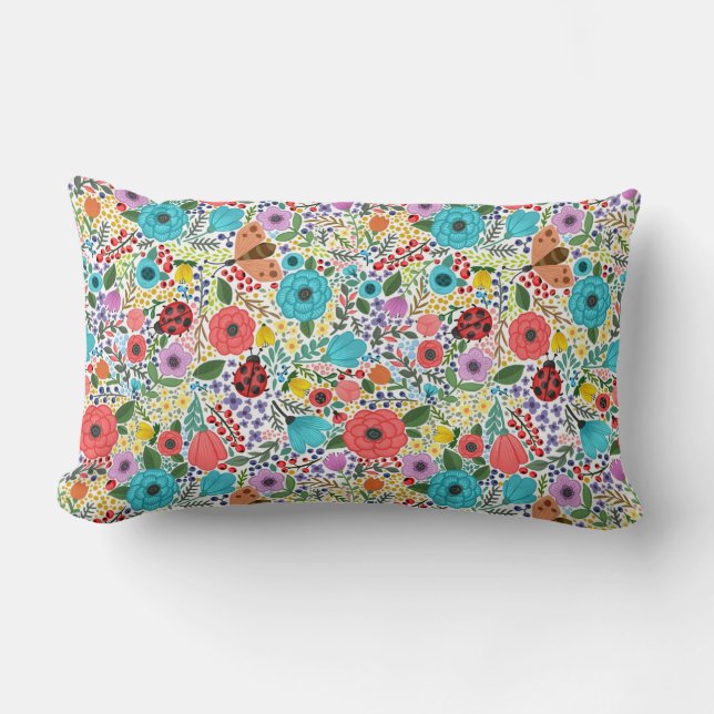 Lady Bugs and Flowers Lumbar Pillow (Front)