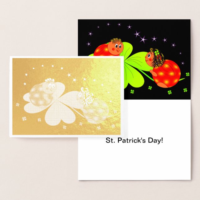 Lady Bugs on a Shamrock with Stars , ZKOA Foil Card (Display)