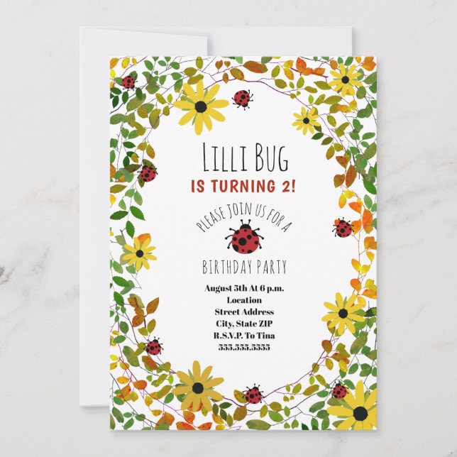 Lady Bugs + Wildflowers Girls Birthday Invite (Front)