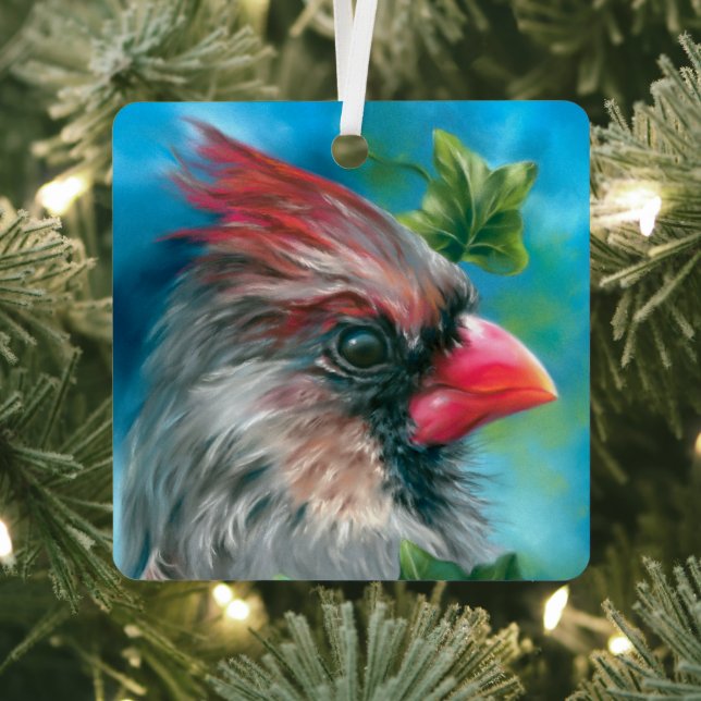 Lady Cardinal Bird with Ivy Leaves Metal Ornament (Insitu)