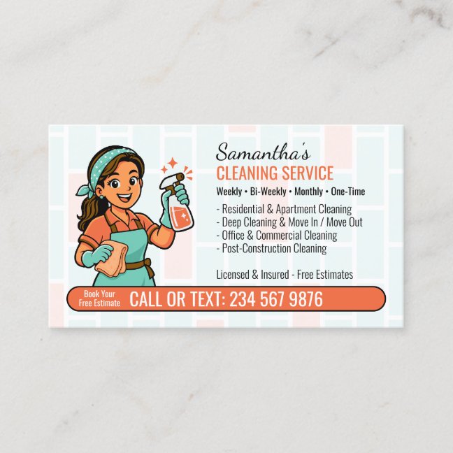 Lady Cartoon Maid House Cleaning Business Card