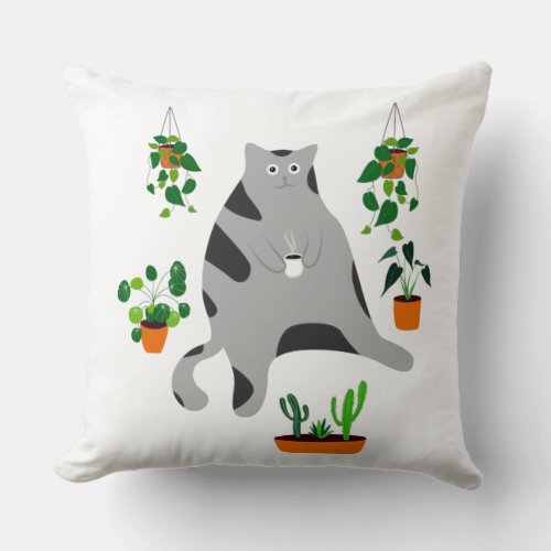 Lady Cat Drinking Coffee Lady Cat With Plants Throw Pillow