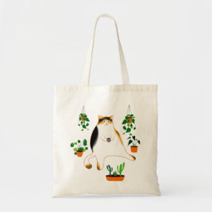 Lady Cat Drinking Coffee, Lady Cat With Plants Tote Bag
