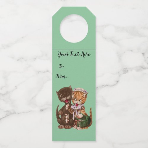 Lady Cat Giving Male Gift of Rats Mint Green Bottle Hanger Tag