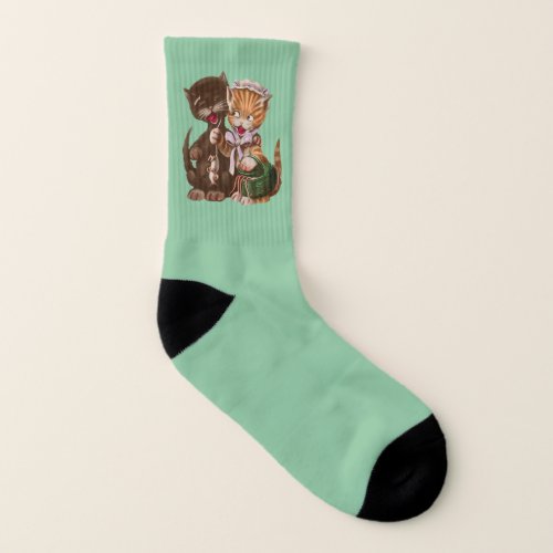 Lady Cat Sharing Rats With Male Cat Mint Green Socks