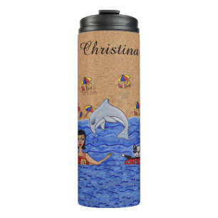 Lady Cat Swimming in Ocean Inner Tubes Dolphin Thermal Tumbler