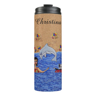Lady Cat Swimming in Ocean Inner Tubes Dolphin Thermal Tumbler