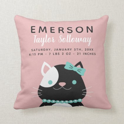 Lady Cat with Pearl Necklace Birth Stats Throw Pillow