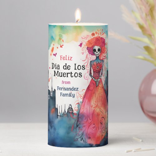  Lady Catrinas  Watercolor Blooming Tribute Pillar Candle
