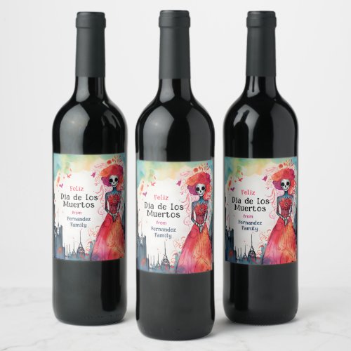  Lady Catrinas  Watercolor Blooming Tribute Wine Label