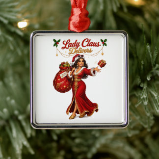 Lady Claus Delivers Christmas Gift Delivery Metal Ornament