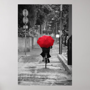 Lady Cyclist with a Red Umbrella, Florence, Italy Poster