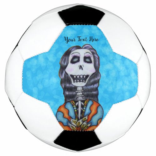 Lady Day of Dead Skeleton Cape White Flowers Blue Soccer Ball