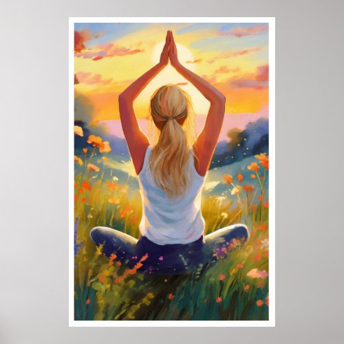Lady doing Yoga in a field at sunset Poster