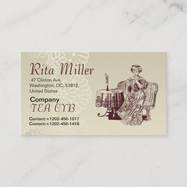 lady drinks tea business card (Front)