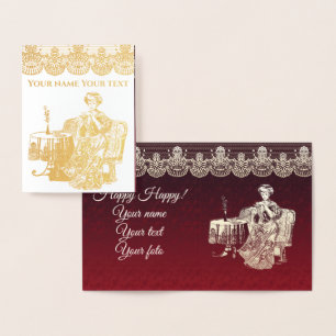 Lady drinks tea foil card