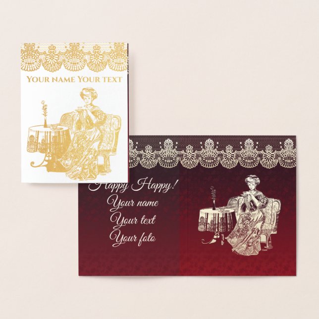 Lady drinks tea foil card (Display)
