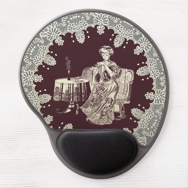 Lady drinks tea gel mouse pad (Front)
