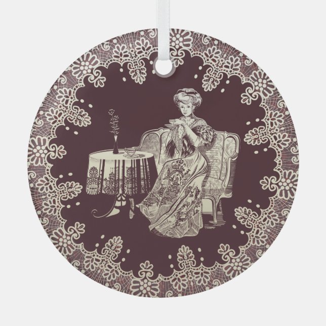 Lady drinks tea  glass ornament (Front)