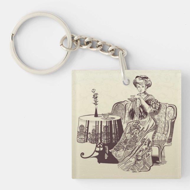 lady drinks tea keychain (Front)