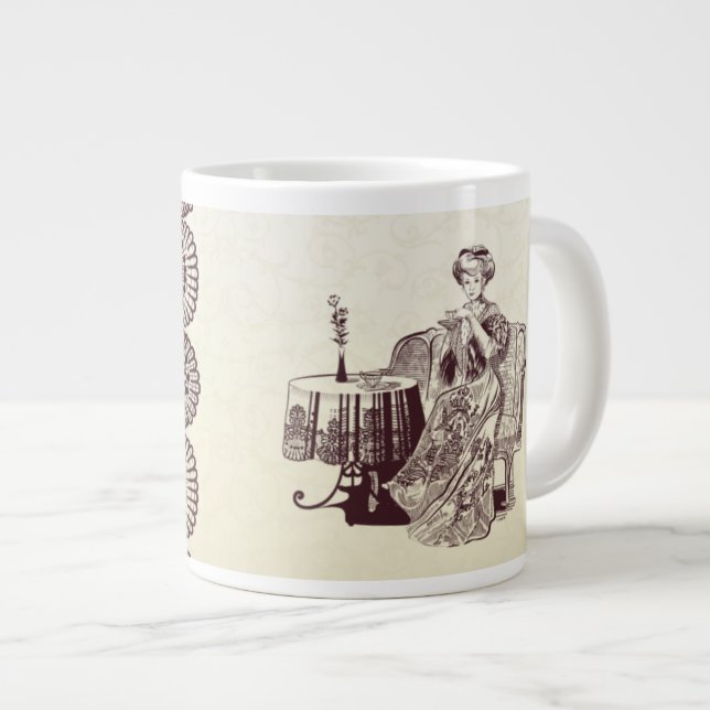 lady drinks tea large coffee mug (Front Right)