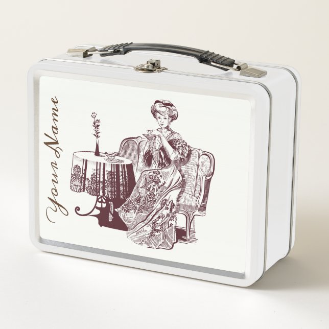 Lady drinks tea  metal lunch box (Front)