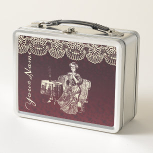 Lady drinks tea metal lunch box