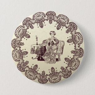 lady drinks tea pinback button