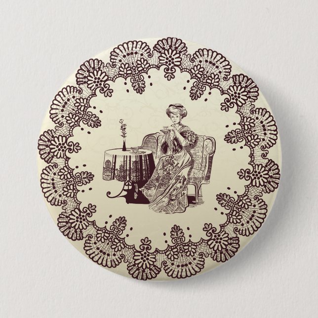 lady drinks tea pinback button (Front)