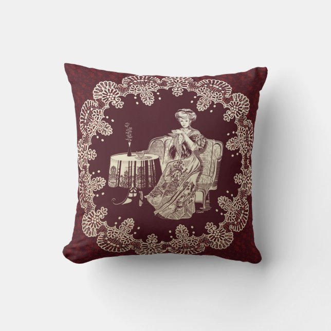 lady drinks tea throw pillow (Front)