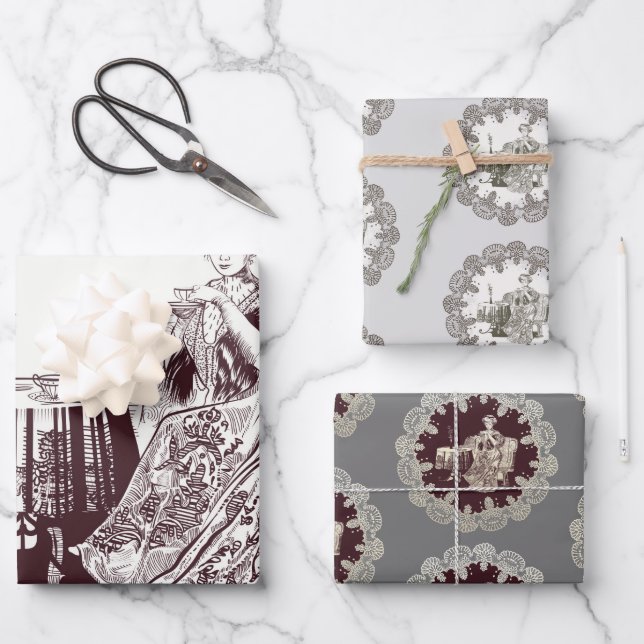 Lady drinks tea wrapping paper sheets (Front)