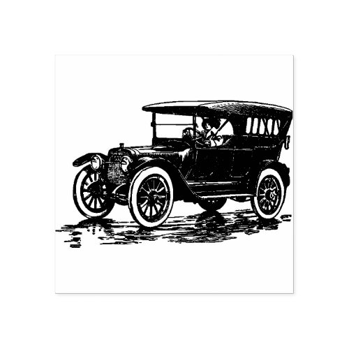 Lady driving Old Car Rubber Stamp