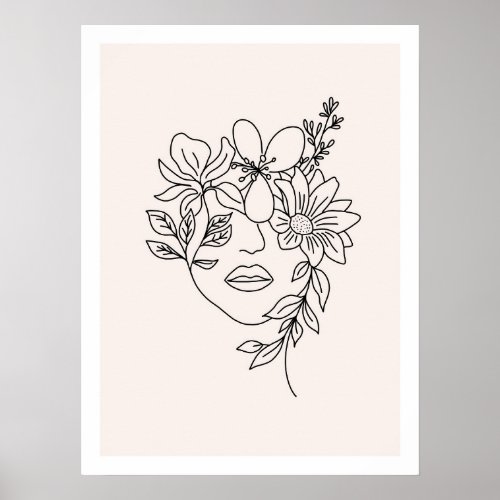 Lady face with flowers Line Art Print