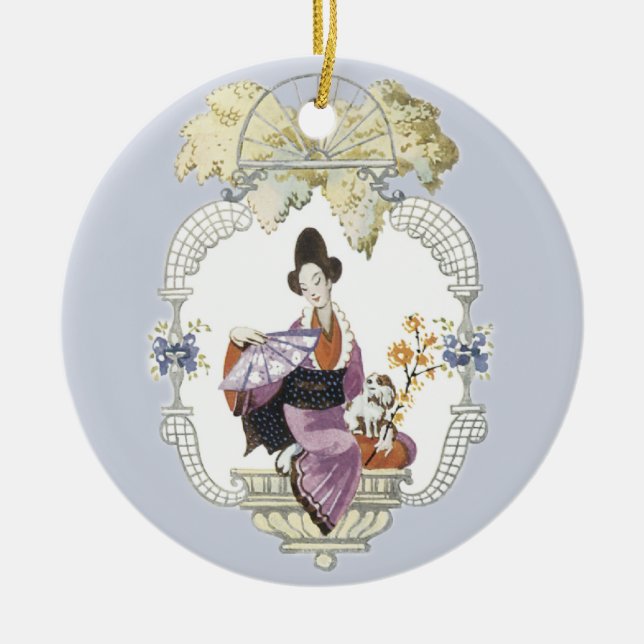Lady Fan and Dog Ceramic Ornament (Front)