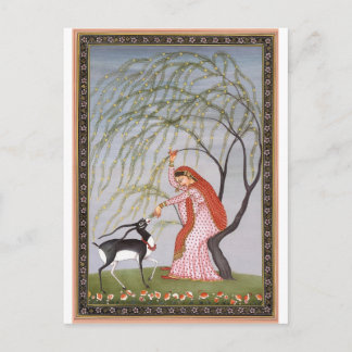 LADY FEEDING ANTELOPE ANCIENT INDIA ART POSTCARD