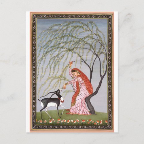 LADY FEEDING ANTELOPE ANCIENT INDIA ART POSTCARD