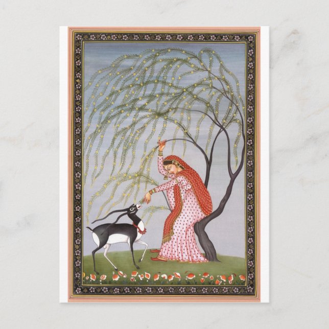 LADY FEEDING ANTELOPE ANCIENT INDIA ART POSTCARD (Front)