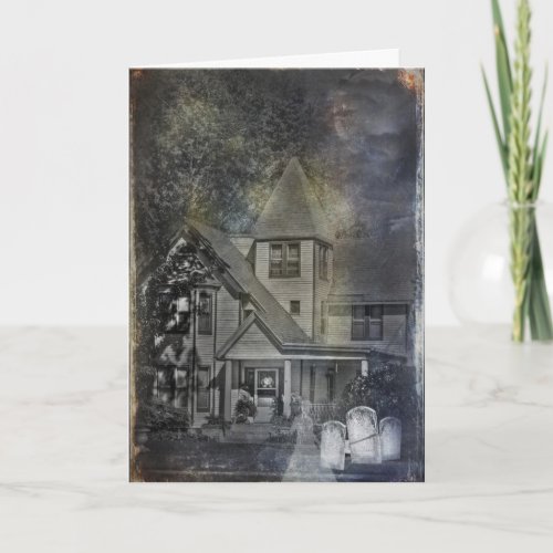lady ghost by haunted house card