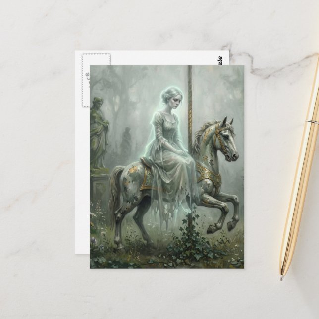 Lady Ghost on Abandoned Carousel Horse in Garden Postcard (Front/Back In Situ)