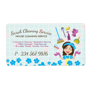 Lady Girl Cartoon Maid House Cleaning Service Label