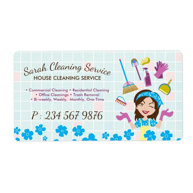 Lady Girl Cartoon Maid House Cleaning Service Label